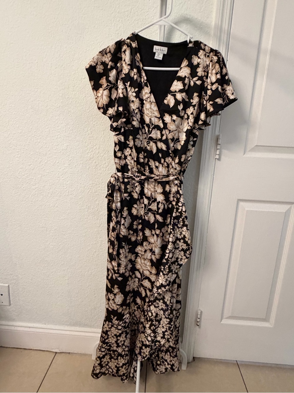 Nicole Miller Black Maxi Dress with Cream Floral Print